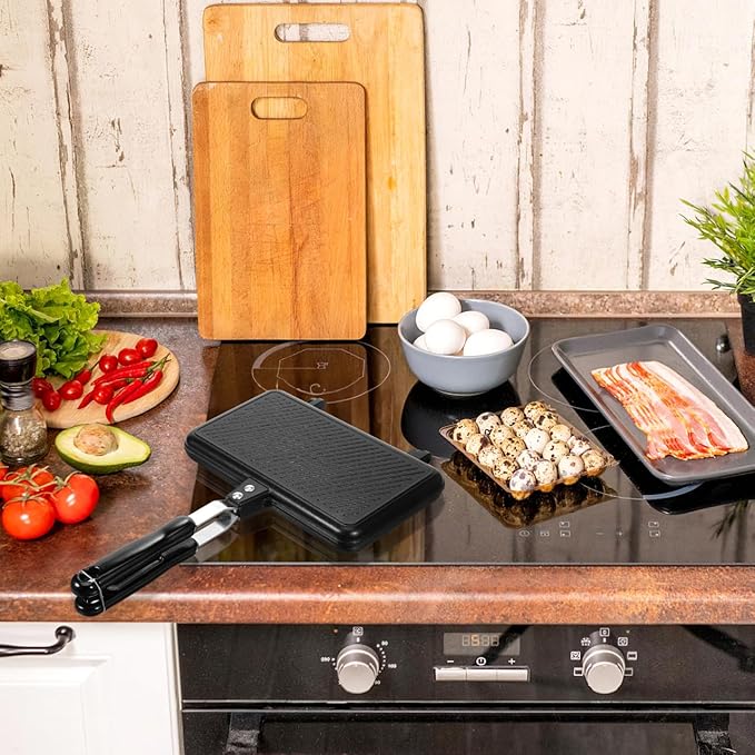 Double- Sided Frying Pan Non- Stick Grill Pan Waffle Maker Sandwich Baking Mold for Cake Toast Snack Breakfast, Aluminum Sandwich Maker