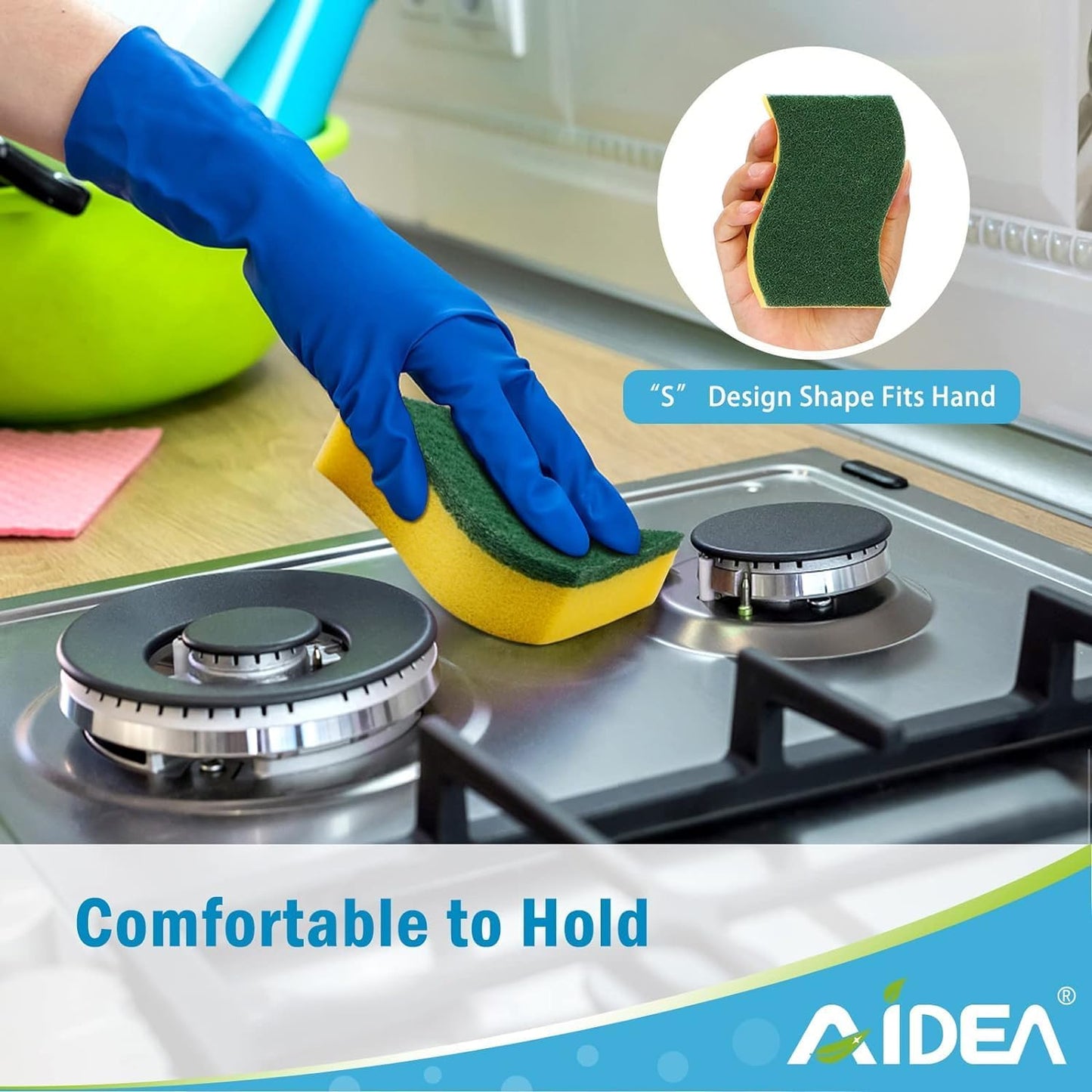 AIDEA Heavy Duty Scrub Sponge-12 Count, Kitchen Dish Sponge, Stink-Free Cleaning Sponge, Effortless Cleaning Eco Scrub Pads for Dishes,Pots,Pans All at Once