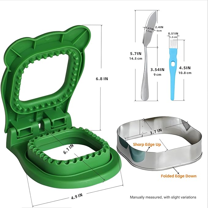Sandwich Cutter and Sealer - 3.7" Circle & Square Pocket Sandwich Maker, Intuitive & Easy-to-Use for Boys &Girls, Perfect for Breakfast & Lunchboxes (Green, Square)