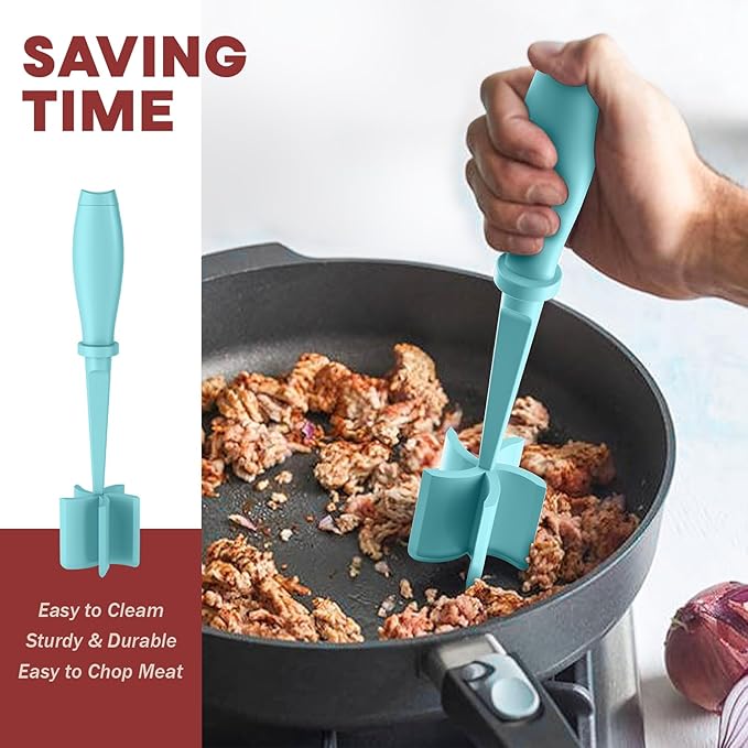 2 Pcs Meat Chopper, Upgrade Hamburger Grinder, Premium Heat Resistant Meat Masher for Ground Beef, Nylon Smasher Tool, Non Stick Mix Chopper, Hamburger Smasher Safe-Aqua