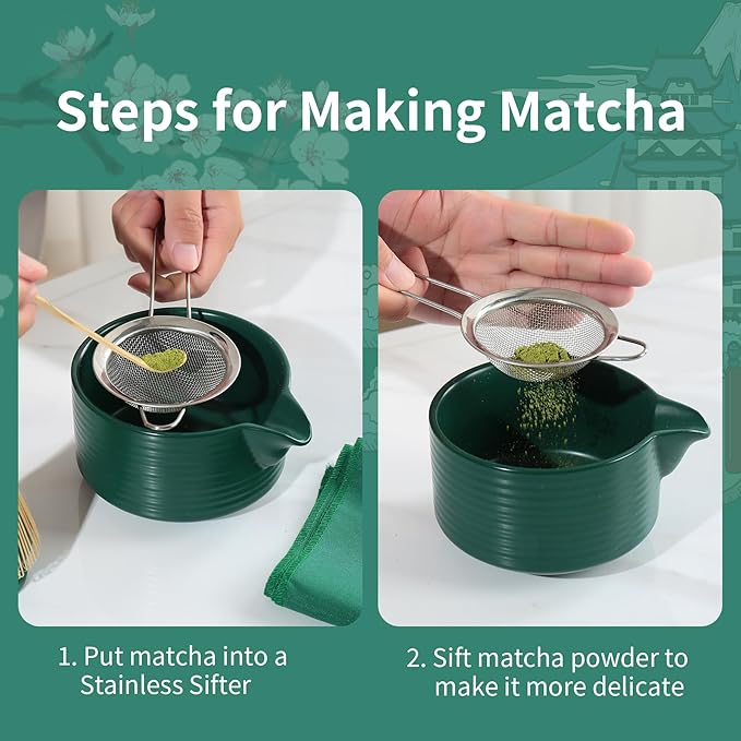 Matcha Sets, Japanese Matcha Kit with Dark Green Bowl, Bamboo Whisk for Matcha Tea, Ceramic Holder, Stainless Sifter & Scoop, Tea Towel, Traditional Matcha Tea Set for Ceremony, 7Pcs
