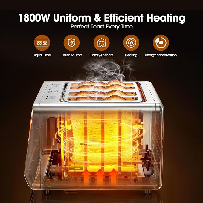 Digital Smart Toaster 4 Slice, Dual Touchscreen with Independent Control | Wide Slot for Bagel, Bread and More | 1800W, 6 Browning Levels, Defrost, Reheat, Single-Slice Function | Stainless Steel