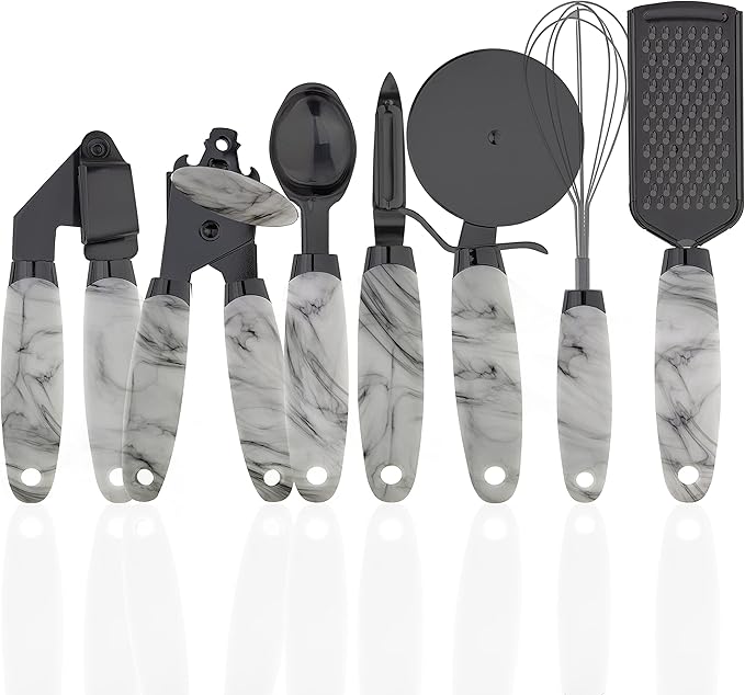 COOK WITH COLOR Kitchen Gadget Set Copper Plated Stainless Steel Utensils with Soft Touch Handles, Marble White, 7 Pieces