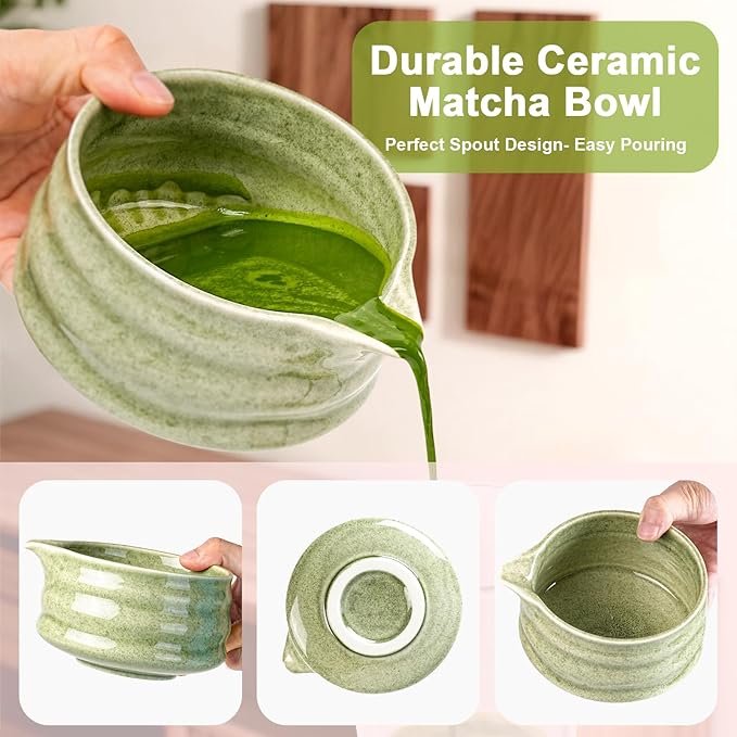 Matcha Whisk Set, 7Pcs Matcha Set - 18oz Matcha Bowl with Spout, Bamboo Matcha whisk & Ceramic Holder, Sifter/Scoop/Stand/Towel, Matcha Kit for Tea Lovers, Ideal Gift Set (Speckled green)