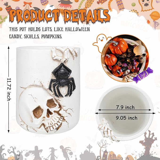 Halloween Large Witch Cauldron Bucket 11.72" White Candy Pot with Skull Spider Resin Halloween Candy Bucket Indoor Decorations for Table Decor Trick or Treat Party Supplies Witch Kettle