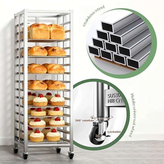 Bun Pan Rack, Commercial Bakery Sheet Rack with Brake Wheels, 10-Tier Stainless Steel Baking Tray Food cart ，for Bakeries Restaurant & Catering（Trays Not Included） ﻿ (10 Tier)