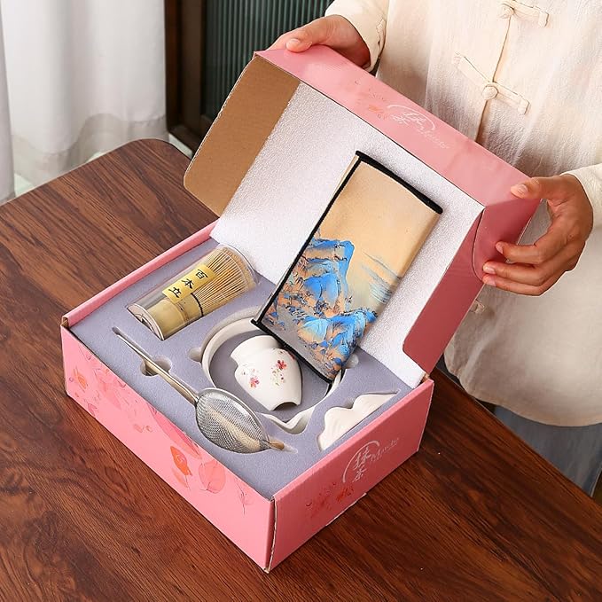 Matcha Set 7-Piece matcha whisk set Kit with Ceramic Bowl, Bamboo Whisk & Holder, 1 Scoops, Strainer, Tea Cloth Pink gift box (white)