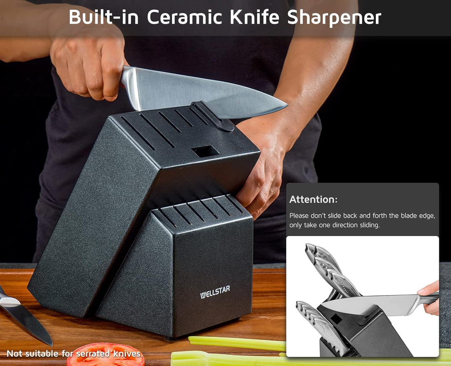 12 Slot Kitchen Knives Block, WELLSTAR Natural Wood Knife Holder without Knives – Hard Wood Countertop Knife Storage with Built-in Knife Sharpener - Black