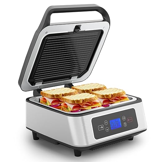 Electric Panini Press Sandwich Maker, 1300W Smokeless Indoor Grill with Removable Non-Stick Plates, Fan, Auto-Lift, Independent Upper Heating, Smart Time & Temperature Control, Silver