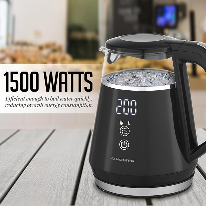 OVENTE Electric Kettle with 5 Temperature Control Presets, LED Digital Display, 5Hr Keep Warm Function, Auto Shut-Off and Boil Dry Protection, 1500W BPA Free Glass Water Heater and Boiler, Black KD95B