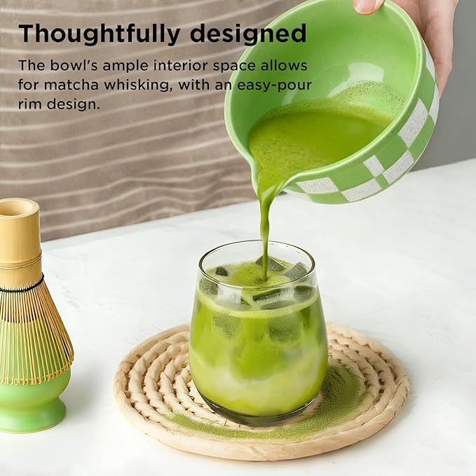 Matcha Whisk Set Gift Box - Matcha Set with Whisk and Bowl, 7 Pcs Matcha Kit Includes Ceramic Matcha Bowl, Bamboo Whisk & Holder, Scoop & Rest, Sifter and Tea Towel, Complete Matcha Making Kit, Green