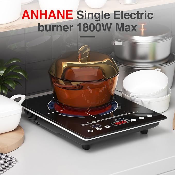 Electric Cooktop 110v,Single Burner Electric Stove Infrared Cooktop Hot Plate 1800W,4-Hour Setting,Black Crystal Glass Surface Compatible for All Cookware