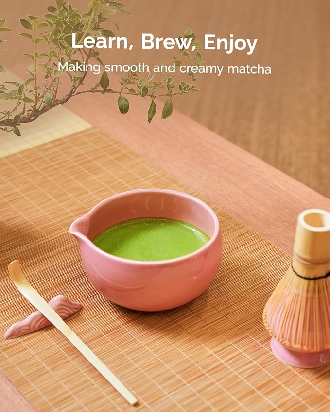 Maestri House Matcha Whisk Set, 7 Pcs Ceramic Matcha Kit with Spouted Bowl, Matcha Whisk & Holder, Bamboo Scoop, Scoop Rest, Sifter & Cloth – Complete Matcha Gift Set for Beginners & Tea Lovers(Pink)