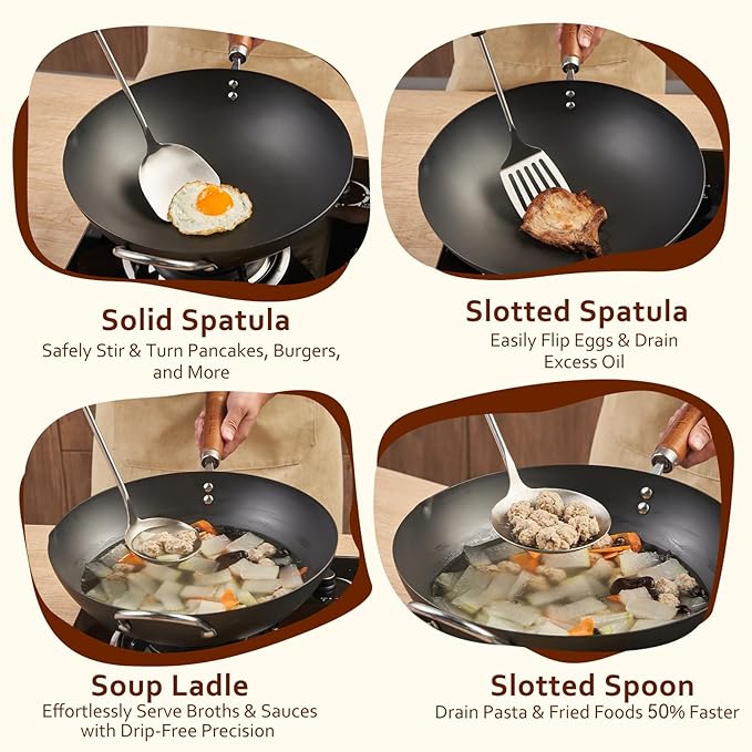 Stainless Steel Cooking Utensils Set, 4 PCS Kitchen Utensils Set with Wooden Handles, Heat Resistant Cooking Tools for Solid & Slotted Turner Wok Spatula, Soup Ladle, Slotted Spoon
