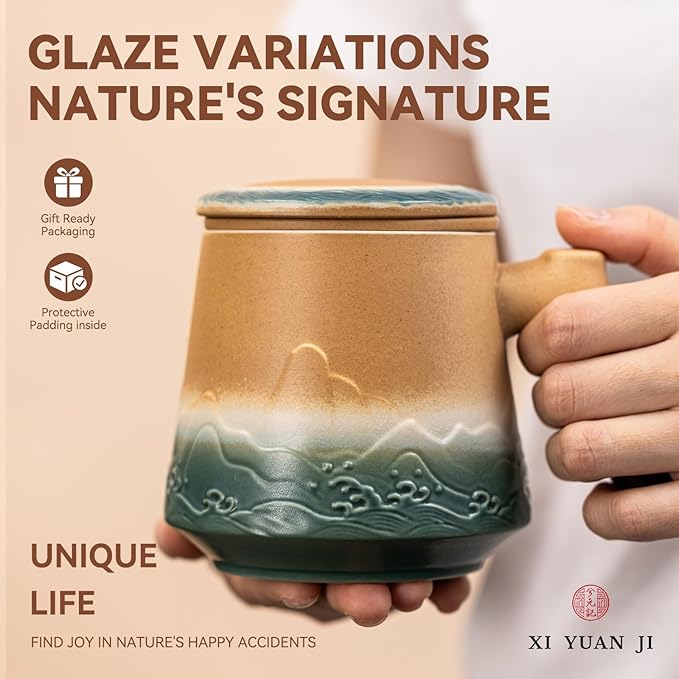 Tea Cup with Infuser and Lid 15oz - Kiln-Transformed Ceramic Mug with Mountain-Ocean Relief, Antique Bronze-Green Gradient & Wood Handle Tea Set