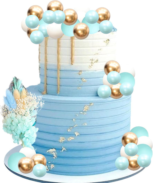 Gyufise 21 Pack Flower Boho Cake Topper Ball Cake Decorations Palm Leaves Plants Cake Decor for Girl Bohemian Princess Theme Wedding Baby Shower Birthday Party Supplies Blue