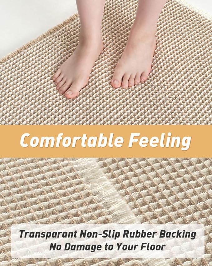 AMOAMI Upgraded Waffle Runner Rug Super Absorbent Non Slip Bath Mats for Bathroom Machine Washable Bathroom Runner Rug with Tassels, Ideal for Hallway Bedroom Laundry Room, 17" x 60", Brown & Cream