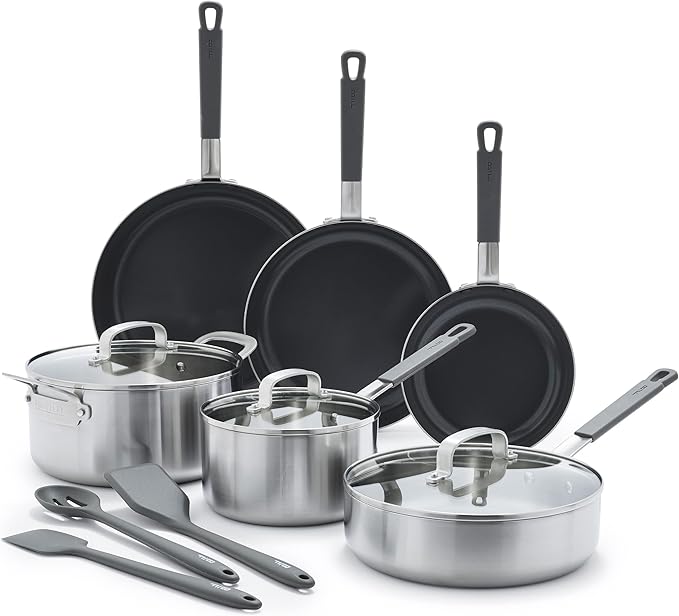 GreenPan x Bobby Flay Stainless Steel 12 Piece Cookware Pots & Pans Set, Professional Grade Tri-Ply, Multiclad, PFAS-Free Ceramic Nonstick, Induction Suitable, Dishwasher & Oven Safe,Stay Cool Handles