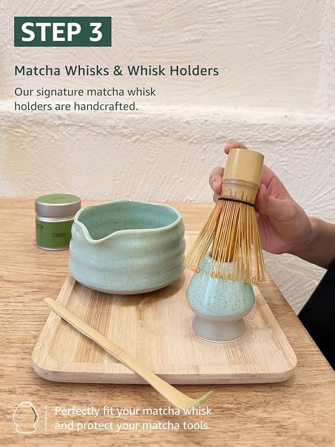 Sisher Matcha Whisk set,Matcha Bowl with Spout，Cute Matcha Set(5pcs) Matcha Bowl, Bamboo Whisk, Matcha Scoop, Matcha Whisk Holder (Chasen Holder), Stainless Steel Sifter, Matcha Making Kit(Green)