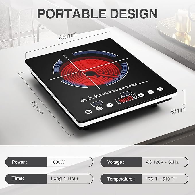 Electric Cooktop 110v,Single Burner Electric Stove Infrared Cooktop Hot Plate 1800W,4-Hour Setting,Black Crystal Glass Surface Compatible for All Cookware