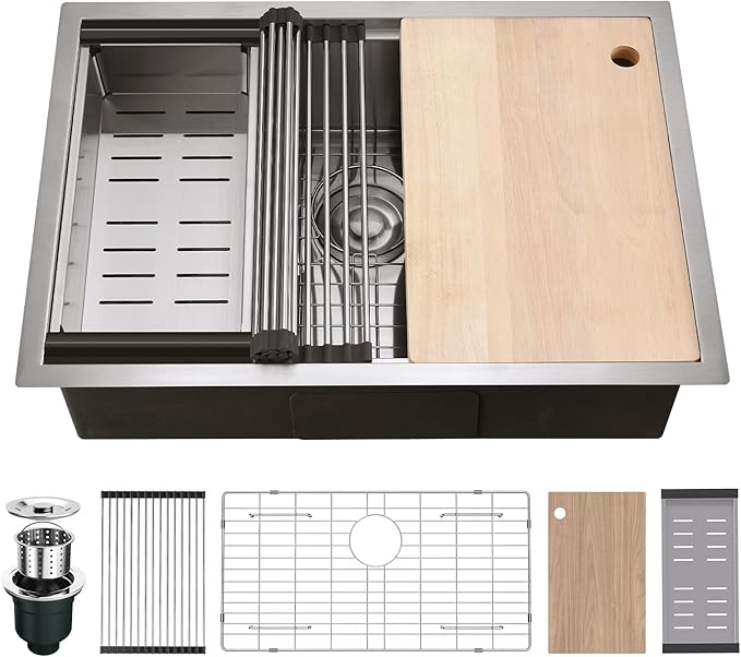 28"x19'' Undermount Kitchen Sink, 16 Gauge Single Bowl Stainless Steel with Nano Coating & Brushed Finish, Modern Sink Deep with Ledge and Accessories
