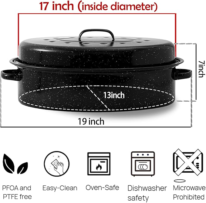 Large Roasting Pan with Lid and Rack 19"Granite Turkey Roaster Pan Set Enameled Steel Design Suitable for Turkey Versatile Cooking Barbecuing,Dishwasher Safe Cookware Holiday Gifts