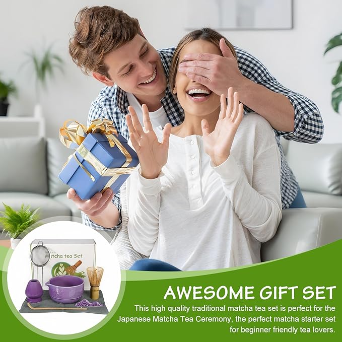 7Pcs Matcha Whisk Set,Ceramic Matcha Tea Set Includes Whisk Matcha Bowl Scoop and Whisk with Holder Sifter Towel,Elegant Matcha Kit Gift for Matcha Enthusiasts and Tea Lovers(Purple)