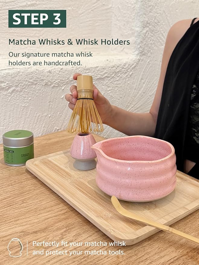 Sisher Matcha Set,Matcha Bowl with Spout,Cute Matcha Set(5pcs) Matcha Bowl,Bamboo Whisk, Matcha Scoop, Matcha Whisk Holder (Chasen Holder), Stainless Steel Sifter, Macha Kit