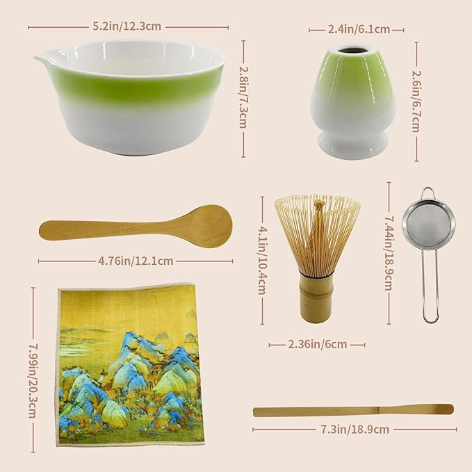 Matcha Whisk Set,7-Pcs Matcha Making Kit with Matcha Bowl,Whisk,Chasen Holder, Sifter, Tea Towel,Measuring Spoon,Bamboo Scoop,Ceremony Matcha Set Lovers Gift (Green)
