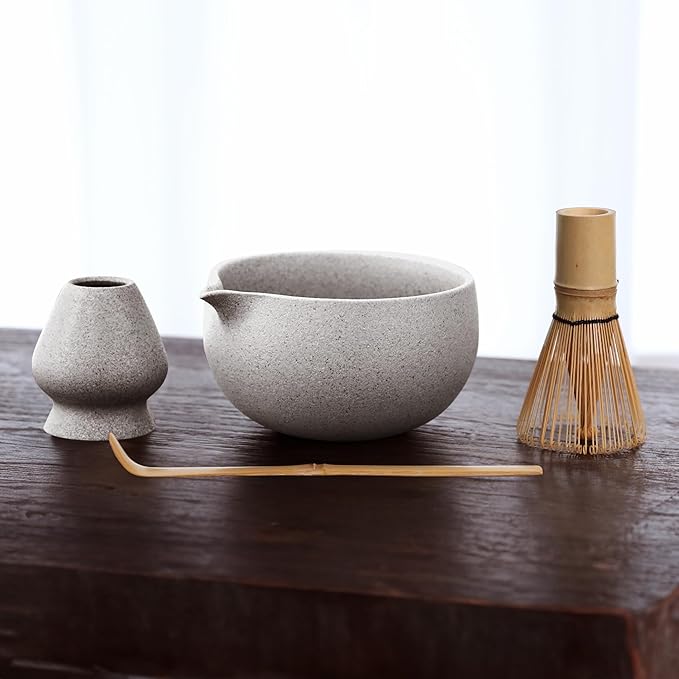 Stone-Texture Gray Matcha Whisk Set with Pouring Spout – Japanese Matcha Kit with Handcrafted Ceramic Bowl, Bamboo Whisk, Scoop, and Holder for Authentic Tea Ceremony