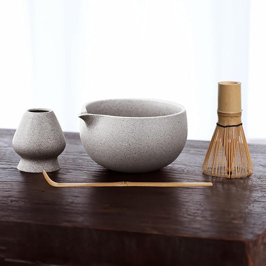 Stone-Texture Gray Matcha Whisk Set with Pouring Spout – Japanese Matcha Kit with Handcrafted Ceramic Bowl, Bamboo Whisk, Scoop, and Holder for Authentic Tea Ceremony