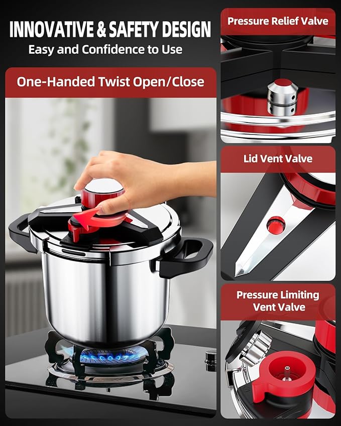 3-In-1 18/8 Stainless Steel Pressure Cooker 32 QT: [Explosion-Proof] [One-Hand Locking] Stainless Steel Pressure Canner, Induction Compatible, Steamer Rack Included, Olla de Presion
