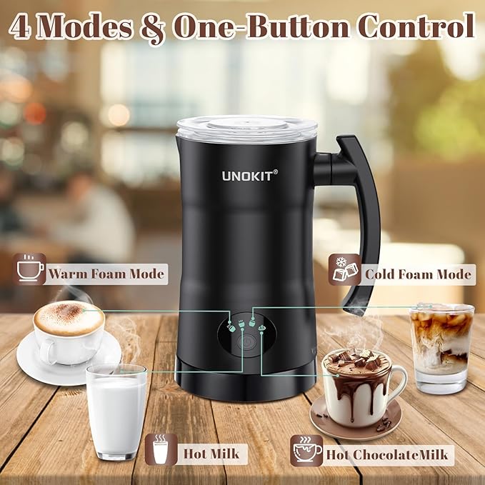 Milk Frother, 4-in-1 Milk Frother and Steamer with Temperature Control & Auto Shut-Off, 11.8oz/350ml Milk Warmer, Hot and Cold Foam Maker for Coffee, Latte, Cappuccinos, Macchiato, Black