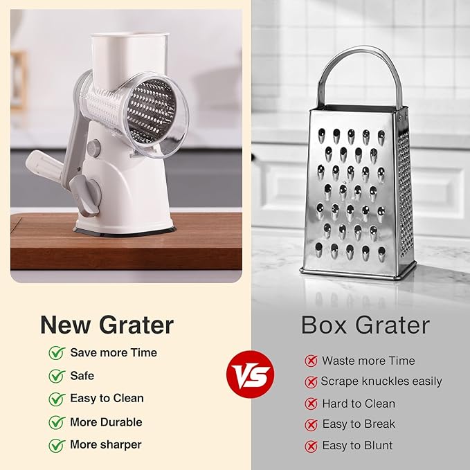 Rotary Cheese Grater, Kitchen Mandoline Vegetable Cheese Shredder with 3 Interchangeable Blades, Easy to Clean Rotary Grater Slicer with Handle,Kitchen Grater Grinder for Cutting Cheese,Vegetable,Nuts