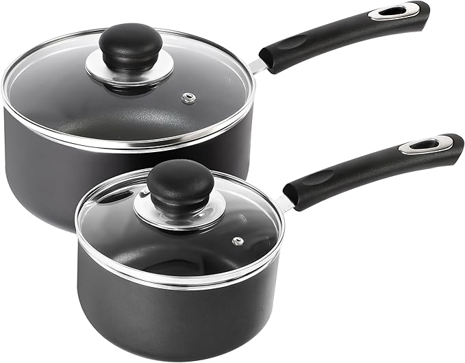 Utopia Kitchen Nonstick Stock Pot Saucepan Set with Lids, 1.5 Quart and 2 Quarts Multipurpose Stock Pots Set for Home, Kitchen or Restaurant, Grey & Black