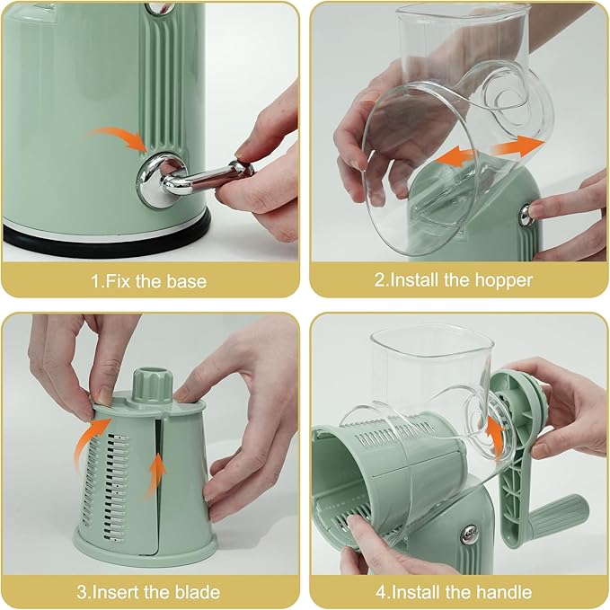 Rotary Hand Crank Cheese Grater, 5-in-1 Replaceable Stainless Blades Vegetable Shredder with Handle and Strong Suction Base, Easy-Clean Multipurpose Kitchen Slicer with Blade Storage Box(Green)