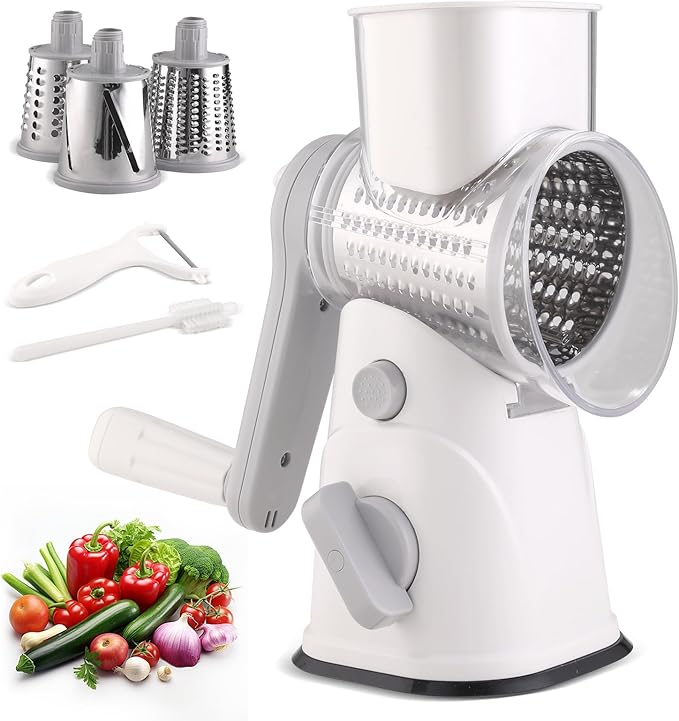 Rotary Cheese Grater, Kitchen Mandoline Vegetable Cheese Shredder with 3 Interchangeable Blades, Easy to Clean Rotary Grater Slicer with Handle,Kitchen Grater Grinder for Cutting Cheese,Vegetable,Nuts