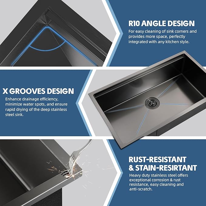 28"x19" Undermount Kitchen Sink Cabient, 16 Gauge Single Bowl Stainless Steel Kitchen Sink, Nano Coating & Brushed Finish Matte Black Undermount Workstation with Ledge and Accessories