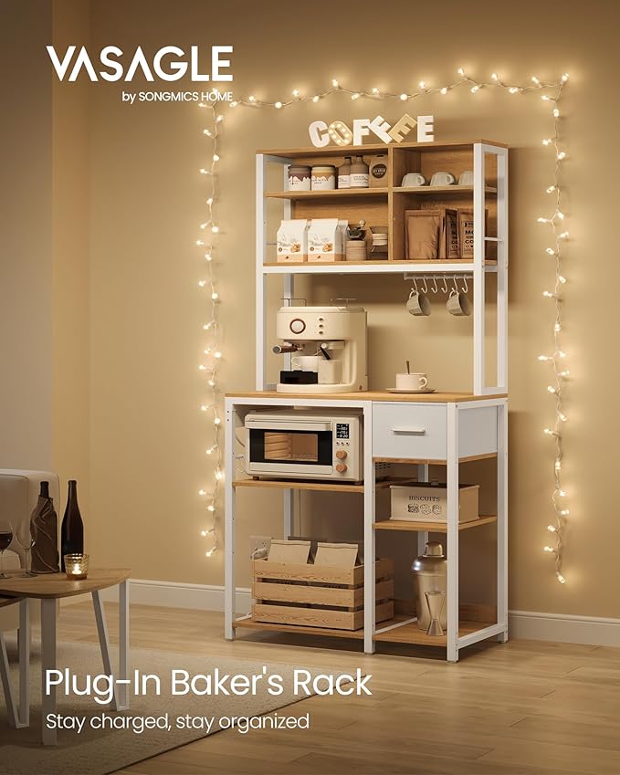 VASAGLE Bakers Rack with Charging Station, Coffee Bar with Adjustable Storage Shelves, Fabric Drawer, 12 Hooks, 15.7 x 31.5 x 71 Inches, Kitchen Microwave Stand, Golden Oak and Cloud White UKKS015Y03