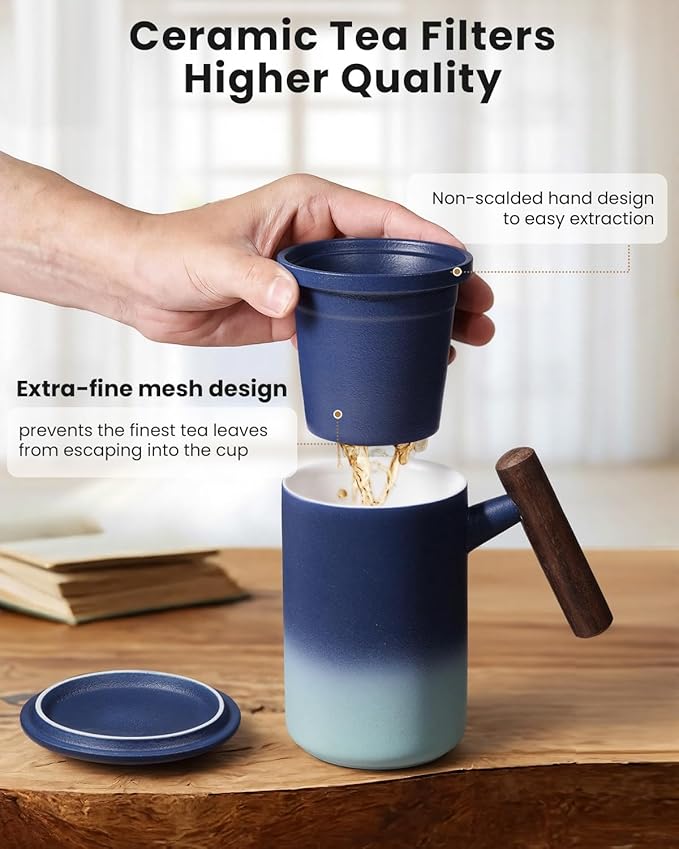 15 OZ Porcelain Tea Infuser Cup with Lid,Ceramic Tea Mug with Porcelain Strainer for Loose Leaf,Tea Strainers Cup with Wood Handle,BPA-Free,Gifts for Tea's Lover(Gradient Blue)