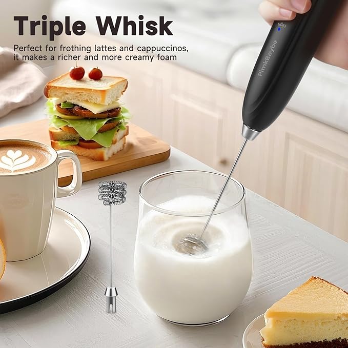 Handheld Milk Frother Wand for Coffee, Rechargeable Electric Triple-Spring Whisk with 3 Heads 3 Speeds 1 Stand Drink Mixer Coffee Frother For Latte, Cappuccino, Hot Chocolate, Egg