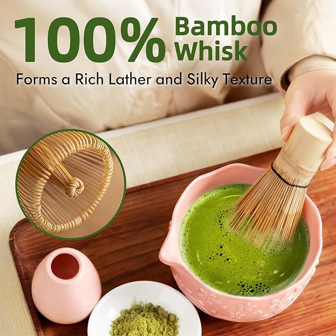 Matcha Whisk Set, Pink Matcha Set, Matcha Set Whisk and Bowl Made of Ceramic, Matcha Kit Includes Matcha Whisk, Matcha Whisk Holder, Bamboo Scoop, Powder Sifter - 7 Pcs Matcha Kit for Matcha Lovers