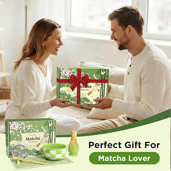 Matcha Whisk Set Gift Box - Matcha Set with Whisk and Bowl, 7 Pcs Matcha Kit Includes Ceramic Matcha Bowl, Bamboo Whisk & Holder, Scoop & Rest, Sifter and Tea Towel, Complete Matcha Making Kit, Green