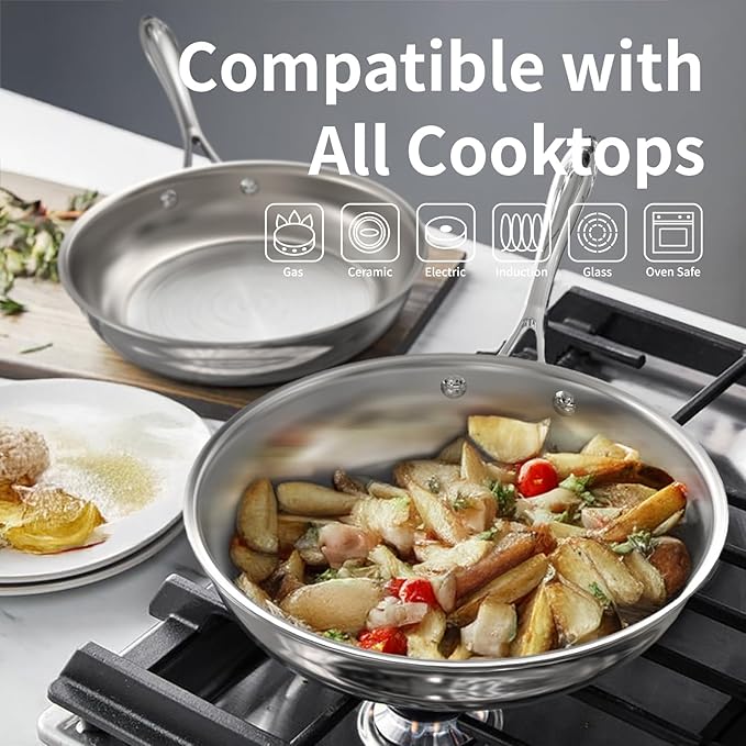 9.5 Inch Stainless Steel Frying Pan, 5-Ply Stainless Steel Pan, Dishwasher and Oven Safe, Induction Pan, Even Heat Distribution