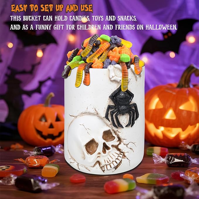 Halloween Large Witch Cauldron Bucket 11.72" White Candy Pot with Skull Spider Resin Halloween Candy Bucket Indoor Decorations for Table Decor Trick or Treat Party Supplies Witch Kettle