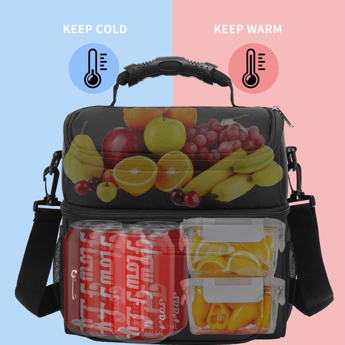 FlowFly Double Layer Cooler Insulated Lunch Bag Adult Lunch Box Large Tote Bag for Men, Women, With Adjustable Strap,Front Pocket and Dual Large Mesh Side Pockets