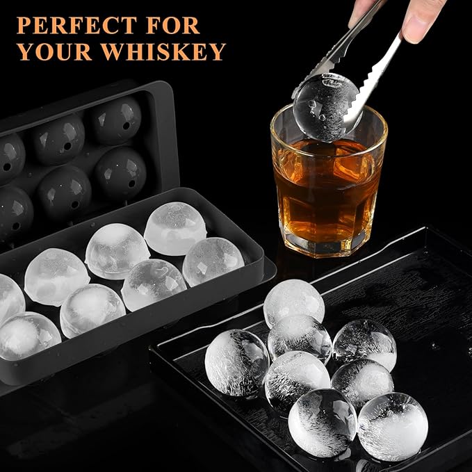 Whiskey Ice Cubes Mold,2 x 8 PCS x 1.8 inch Whiskey Ice Cubes,Circle Ice Cube Tray with Lid and Bin,Sphere Ice Ball Maker Mold,Round Ice Cube Mold for Cocktails(Whiskey Ice Cubes Mold,Black)