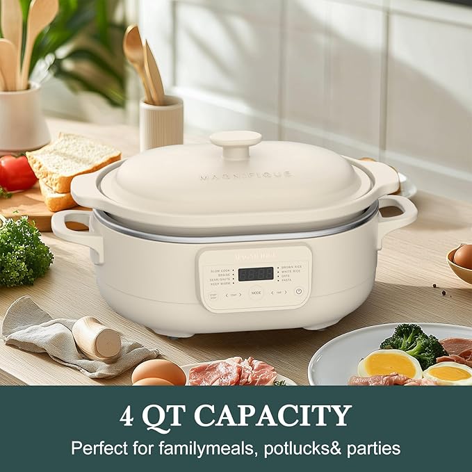 MAGNIFIQUE 4 Quart Claypot Multi-Cooker, with 8-in-1 Casserole Programmable Slow Cooker, Dutch Oven, Pasta, Nonstick Oven Safe Pot to 450°F, Oatmeal