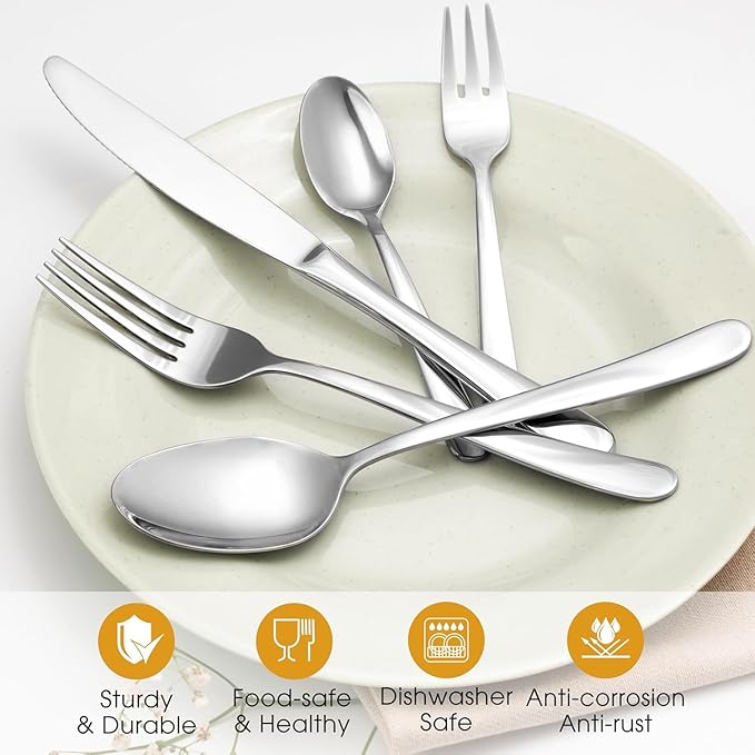 30-Piece Stainless Steel Flatware Set, Service for 6, Durable 18/0 Silverware with Ergonomic Design, Dishwasher Safe Tableware in Simple Style
