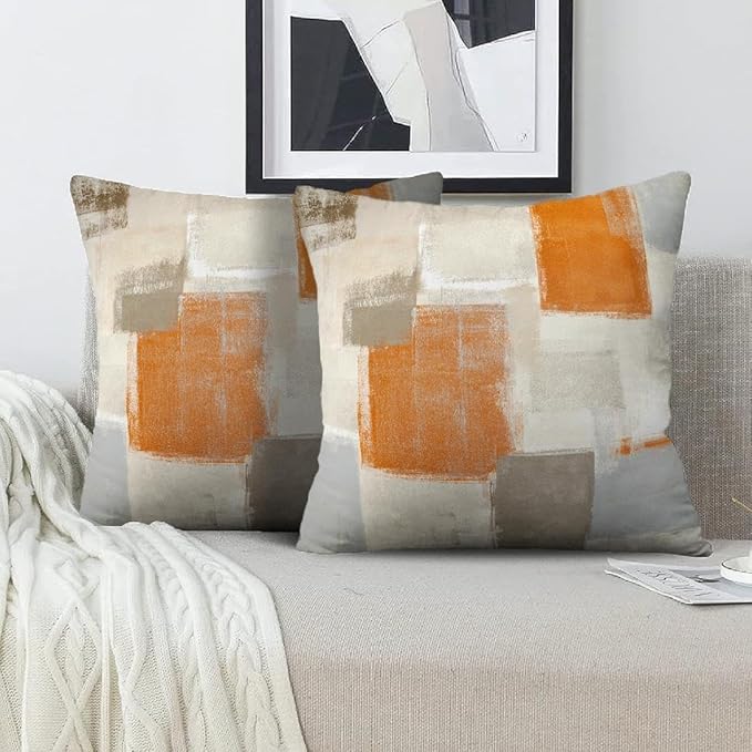 Orange and Grey Abstract Art Artwork Pillow Cover, Gallery Modern Decorative Throw Pillows Cushion Cover for Bedroom Sofa Living Room 22 x 22 Inch Set of 2